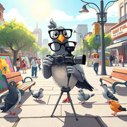 A whimsical scene featuring a cartoon-style pigeon with glasses, holding a camera and directing a documentary in a vibrant urban setting