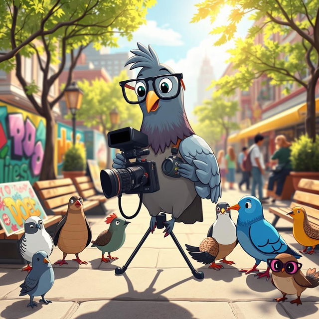 A whimsical scene featuring a cartoon-style pigeon with glasses, holding a camera and directing a documentary in a vibrant urban setting