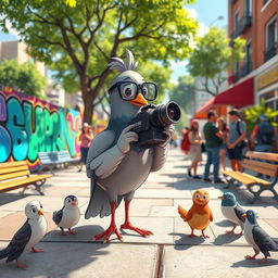 A whimsical scene featuring a cartoon-style pigeon with glasses, holding a camera and directing a documentary in a vibrant urban setting