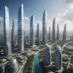 A highly advanced futuristic human civilization with towering skyscrapers, sophisticated technology, and eco-friendly infrastructure.