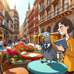 A charming scene featuring a cartoon pigeon wearing a tiny suit and tie, sitting at a café table in the heart of Barcelona