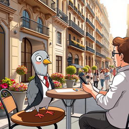 A charming scene featuring a cartoon pigeon wearing a tiny suit and tie, sitting at a café table in the heart of Barcelona