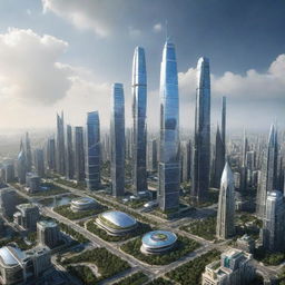 A highly advanced futuristic human civilization with towering skyscrapers, sophisticated technology, and eco-friendly infrastructure.