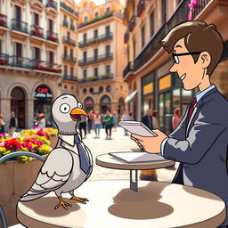 A charming scene featuring a cartoon pigeon wearing a tiny suit and tie, sitting at a café table in the heart of Barcelona