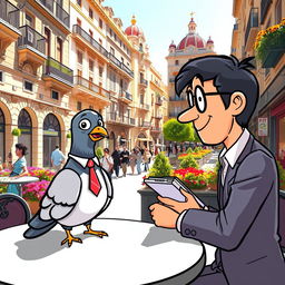 A charming scene featuring a cartoon pigeon wearing a tiny suit and tie, sitting at a café table in the heart of Barcelona