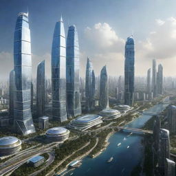 A highly advanced futuristic human civilization with towering skyscrapers, sophisticated technology, and eco-friendly infrastructure.