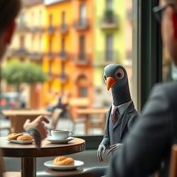 A whimsical scene featuring a pigeon dressed in a tiny business suit sitting at a table in a trendy Barcelona café, engaged in an interview with a human interviewer