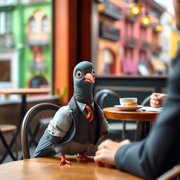 A whimsical scene featuring a pigeon dressed in a tiny business suit sitting at a table in a trendy Barcelona café, engaged in an interview with a human interviewer