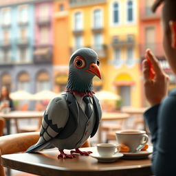 A whimsical scene featuring a pigeon dressed in a tiny business suit sitting at a table in a trendy Barcelona café, engaged in an interview with a human interviewer