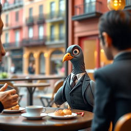 A whimsical scene featuring a pigeon dressed in a tiny business suit sitting at a table in a trendy Barcelona café, engaged in an interview with a human interviewer