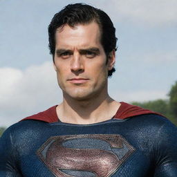 A commanding image of Henry Cavill as the 'Kingdom Come' Superman, featuring the unique black 'S' logo and subtly greying hair on the temples.