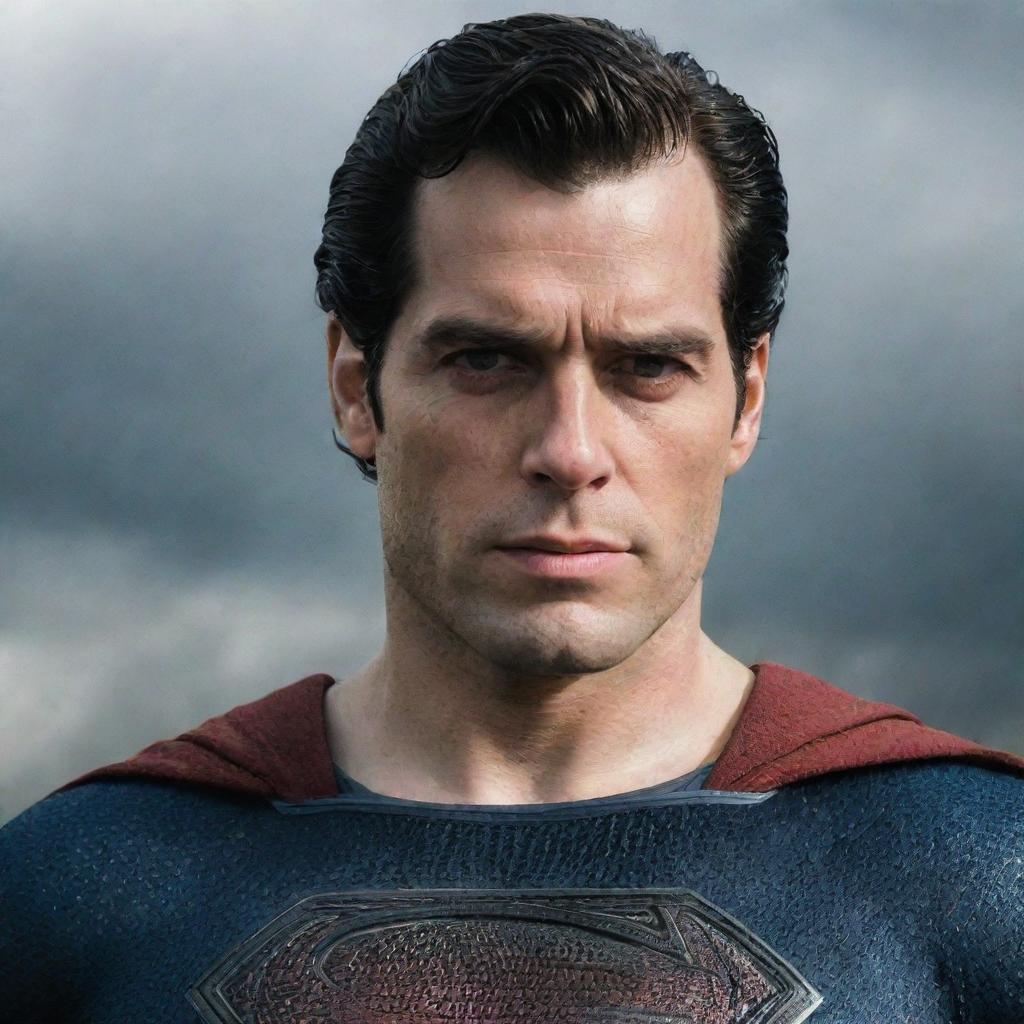 A commanding image of Henry Cavill as the 'Kingdom Come' Superman, featuring the unique black 'S' logo and subtly greying hair on the temples.