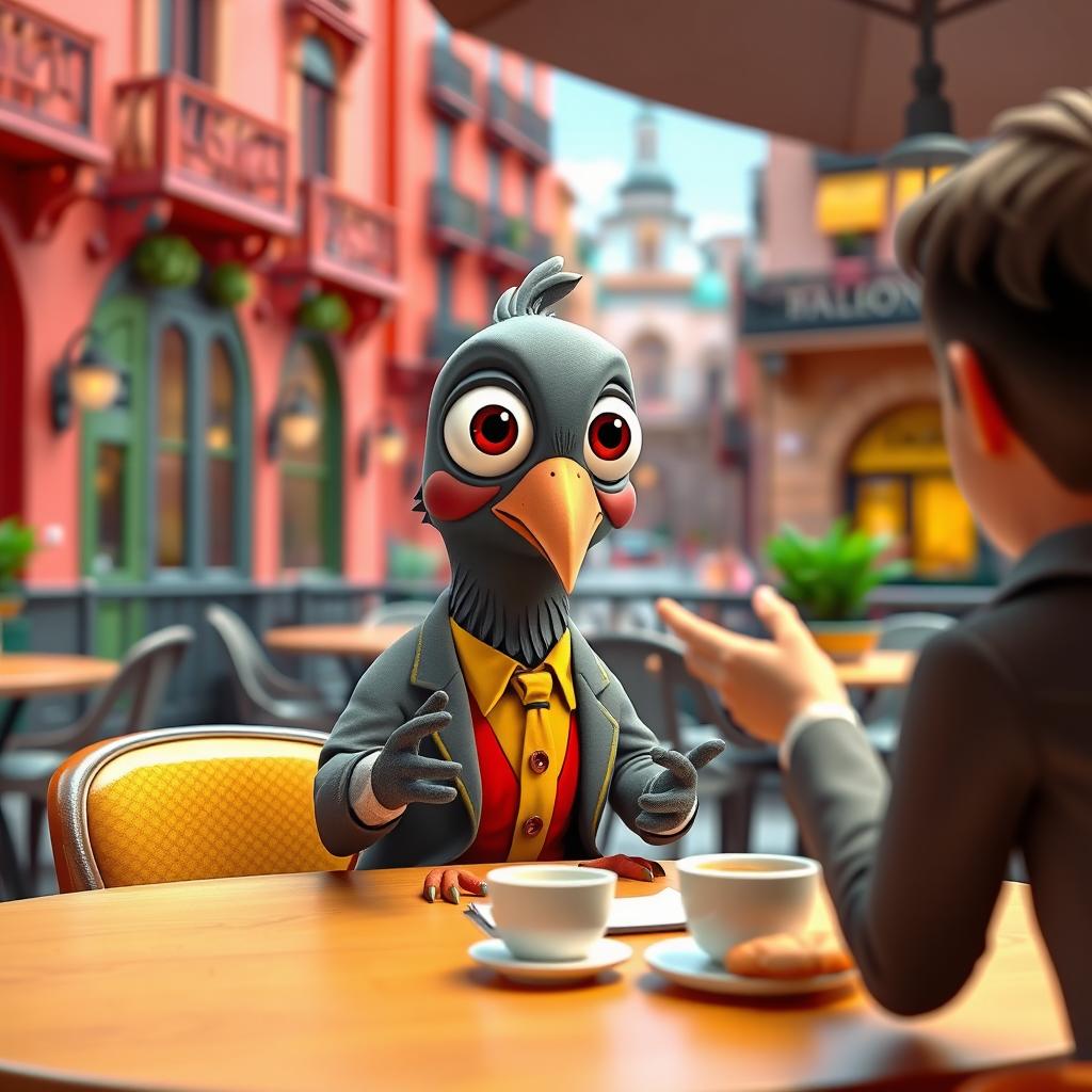 A cartoonish scene featuring a cartoon-styled pigeon with oversized eyes and a quirky expression, dressed in a colorful business suit, sitting at a table in a vibrant Barcelona café, engaged in a lighthearted interview with a human interviewer