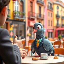 A cartoonish scene featuring a cartoon-styled pigeon with oversized eyes and a quirky expression, dressed in a colorful business suit, sitting at a table in a vibrant Barcelona café, engaged in a lighthearted interview with a human interviewer