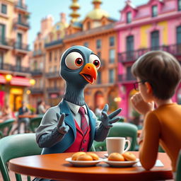 A cartoonish scene featuring a cartoon-styled pigeon with oversized eyes and a quirky expression, dressed in a colorful business suit, sitting at a table in a vibrant Barcelona café, engaged in a lighthearted interview with a human interviewer