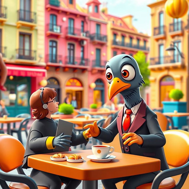 A cartoonish scene featuring a cartoon-styled pigeon with oversized eyes and a quirky expression, dressed in a colorful business suit, sitting at a table in a vibrant Barcelona café, engaged in a lighthearted interview with a human interviewer