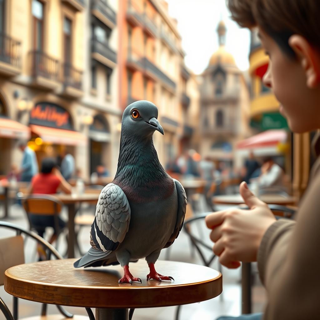 A realistic scene featuring a lifelike pigeon sitting at a café table in Barcelona, engaging in an interview with a human interviewer