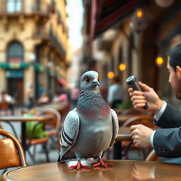 A realistic scene featuring a lifelike pigeon sitting at a café table in Barcelona, engaging in an interview with a human interviewer