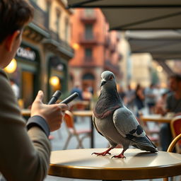 A realistic scene featuring a lifelike pigeon sitting at a café table in Barcelona, engaging in an interview with a human interviewer