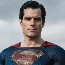 A commanding image of Henry Cavill as the 'Kingdom Come' Superman, featuring the unique black 'S' logo and subtly greying hair on the temples.