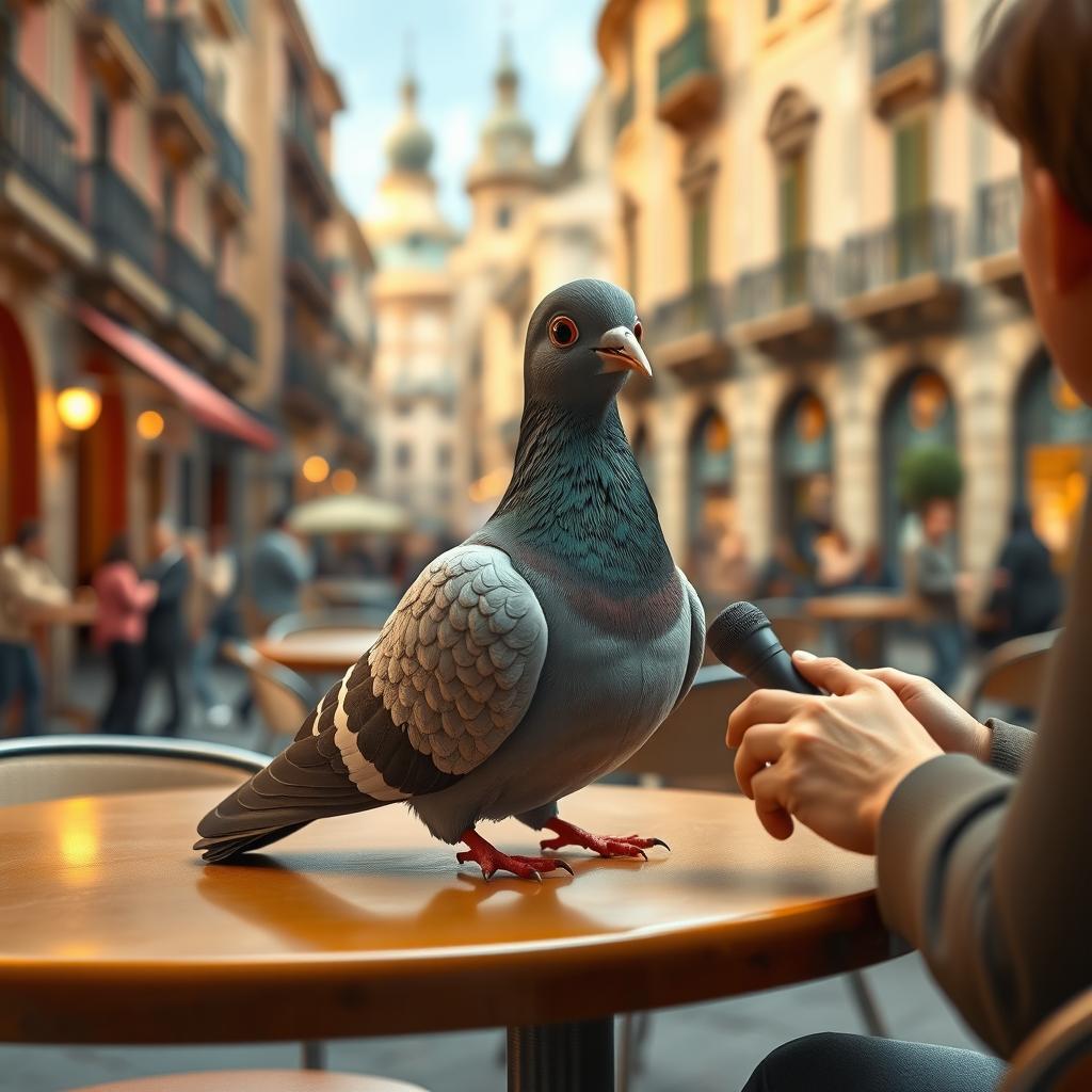 A realistic scene featuring a lifelike pigeon sitting at a café table in Barcelona, engaging in an interview with a human interviewer