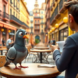 A charming scene featuring a pigeon styled like characters from the movie 'Chicken Run', characterized by a slightly rounded body, large expressive eyes, and a quirky, cartoon-like appearance