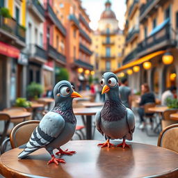 A charming scene featuring a pigeon styled like characters from the movie 'Chicken Run', characterized by a slightly rounded body, large expressive eyes, and a quirky, cartoon-like appearance