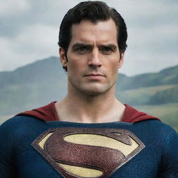 A commanding image of Henry Cavill as the 'Kingdom Come' Superman, featuring the unique black 'S' logo and subtly greying hair on the temples.