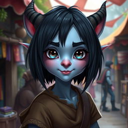 A charming tiefling character with light blue skin, featuring short, straight black hair