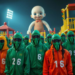 A thrilling scene inspired by the Squid Game series, featuring masked guards in green uniforms, standing amidst a tense outdoor arena filled with oversized playground structures