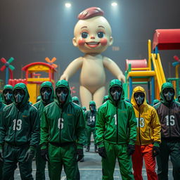 A thrilling scene inspired by the Squid Game series, featuring masked guards in green uniforms, standing amidst a tense outdoor arena filled with oversized playground structures