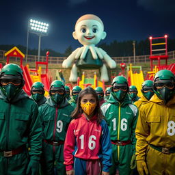 A thrilling scene inspired by the Squid Game series, featuring masked guards in green uniforms, standing amidst a tense outdoor arena filled with oversized playground structures