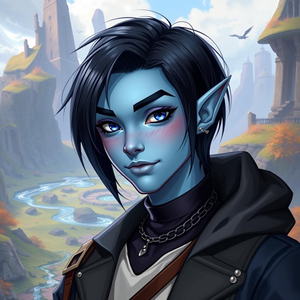 A 29-year-old tiefling character with striking light blue skin, showcasing short, straight black hair that elegantly frames their face