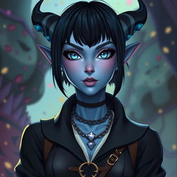 A female tiefling character, 29 years old, with stunning light blue skin