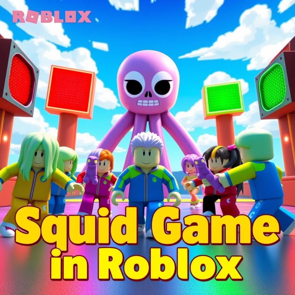 A vibrant thumbnail image for a Squid Game-themed Roblox game, featuring Roblox characters in colorful, blocky designs