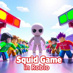 A vibrant thumbnail image for a Squid Game-themed Roblox game, featuring Roblox characters in colorful, blocky designs