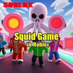 A vibrant thumbnail image for a Squid Game-themed Roblox game, featuring Roblox characters in colorful, blocky designs