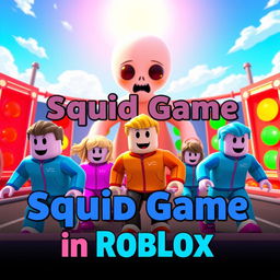 A vibrant thumbnail image for a Squid Game-themed Roblox game, featuring Roblox characters in colorful, blocky designs