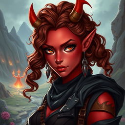 A female tiefling character, 30 years old, with striking red skin and beautiful curly brown hair that cascades around her shoulders