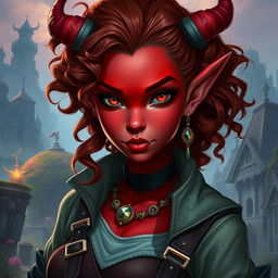 A female tiefling character, 30 years old, with striking red skin and beautiful curly brown hair that cascades around her shoulders