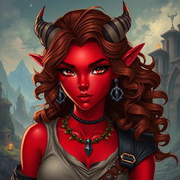 A female tiefling character, 30 years old, with striking red skin and beautiful curly brown hair that cascades around her shoulders