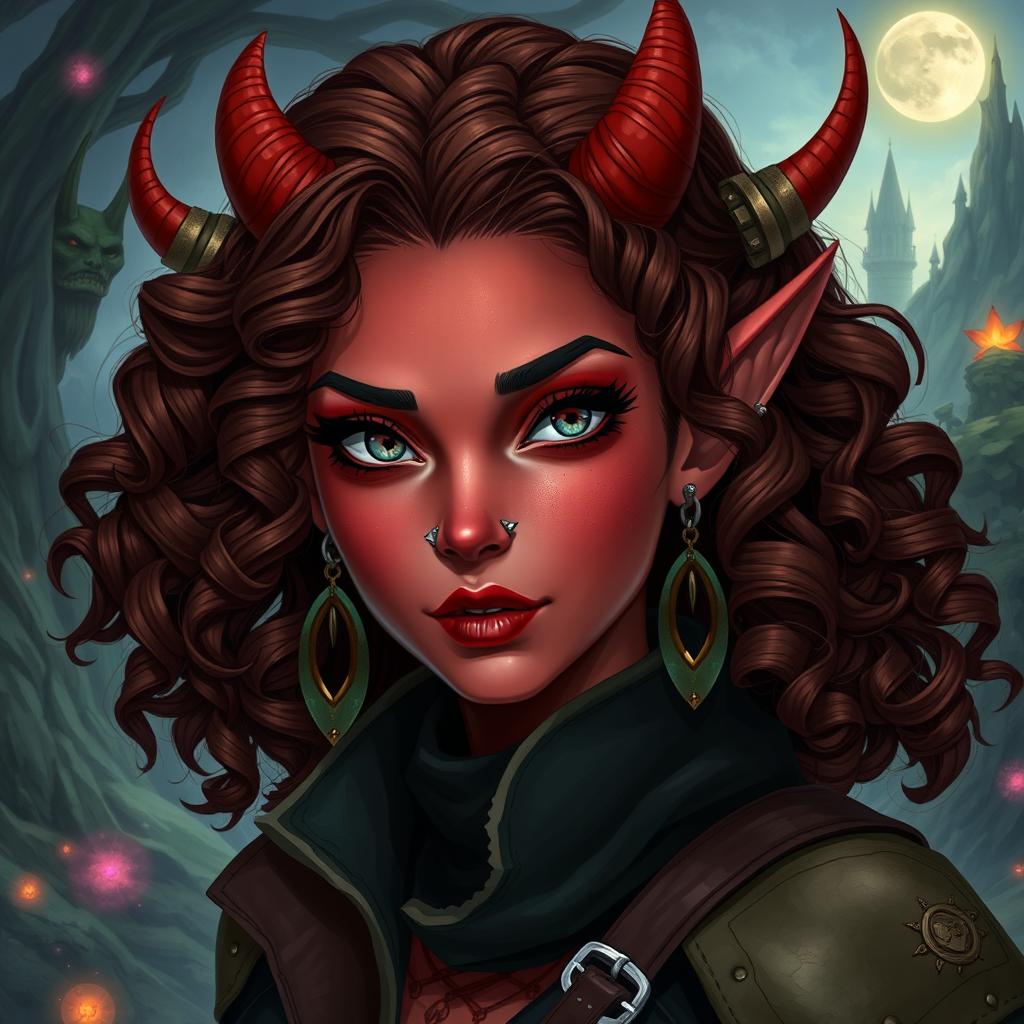 A female tiefling character, 30 years old, with striking red skin and beautiful curly brown hair that cascades around her shoulders