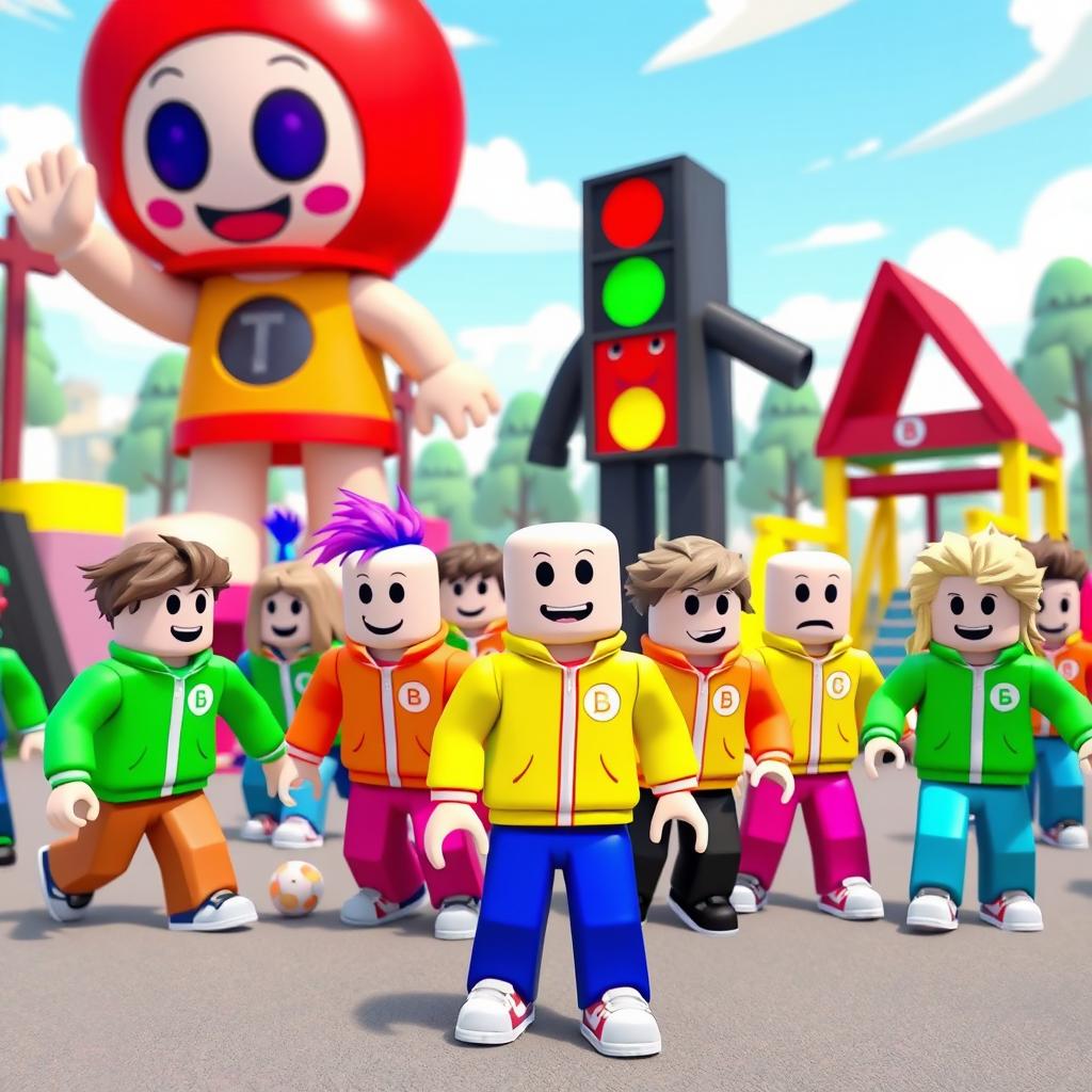 A lively and colorful scene depicting a Roblox version of Squid Game, showcasing Roblox avatars in playful, blocky characters