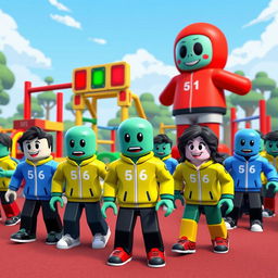 A lively and colorful scene depicting a Roblox version of Squid Game, showcasing Roblox avatars in playful, blocky characters