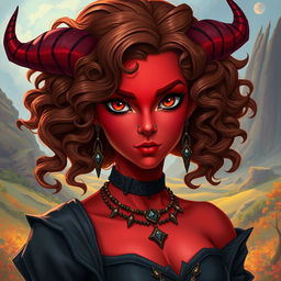 A female tiefling character, 30 years old, with vibrant red skin that stands out beautifully