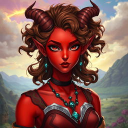 A female tiefling character, 30 years old, with vibrant red skin that stands out beautifully