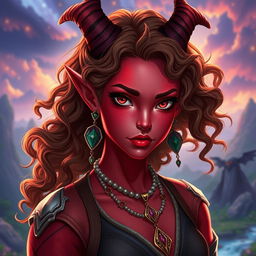 A female tiefling character, 30 years old, with vibrant red skin that stands out beautifully