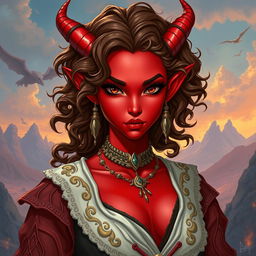 A female tiefling character, 30 years old, with vibrant red skin that stands out beautifully