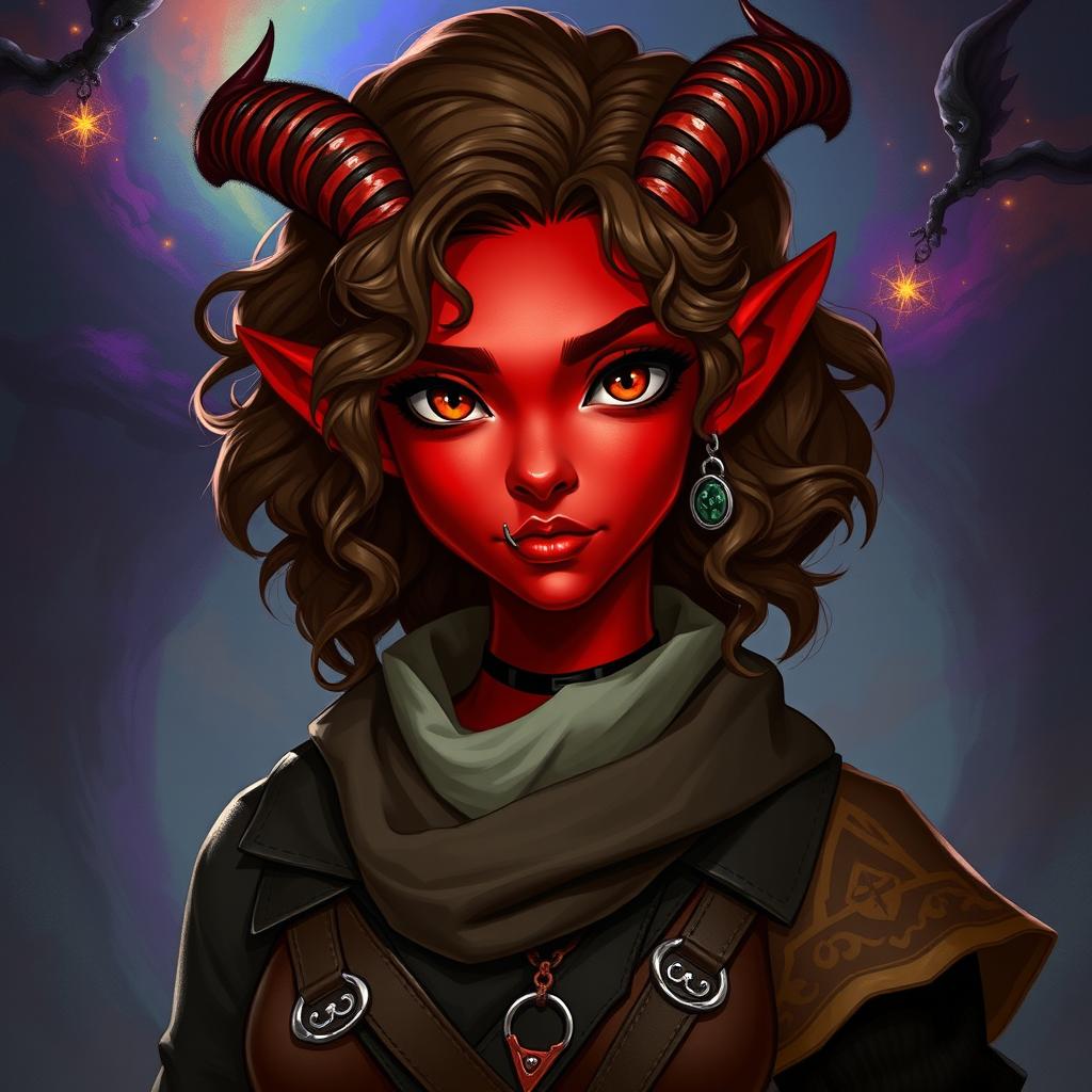 A female tiefling character, 30 years old, with vibrant red skin that glows with an otherworldly charm