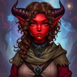 A female tiefling character, 30 years old, with vibrant red skin that glows with an otherworldly charm